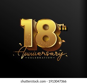 18th Anniversary Logotype with Gold Confetti Isolated on Black Background, Vector Design for Greeting Card and Invitation Card