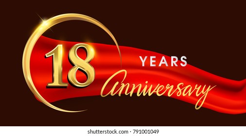 18th anniversary logotype with golden ring isolated on red ribbon elegant background, vector design for birthday celebration, greeting card and invitation card.