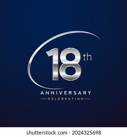 18th anniversary logotype silver color with swoosh or ring, isolated on blue background for anniversary celebration event.