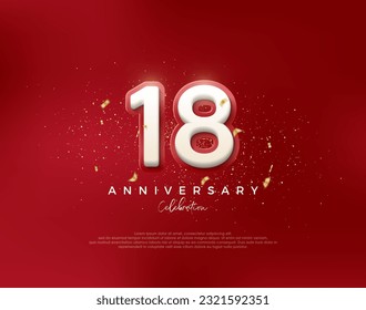 Número del 18 aniversario. con números blancos 3d en un fondo rojo. Vector premium para afiches, banner, saludo de celebración.