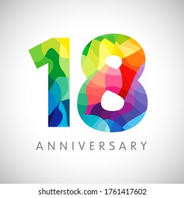 18th anniversary numbers. 18 years old logotype. Bright congrats. Isolated abstract graphic design template. Creative 1, 8 sign 3D digits. Up to 18%, -18% percent off discount. Congratulation concept