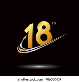 18th anniversary with swoosh and arrow icon. fast and forward golden anniversary logo on black background