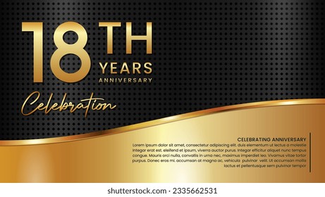 18th anniversary template design in gold color isolated on a black and gold texture background, vector template