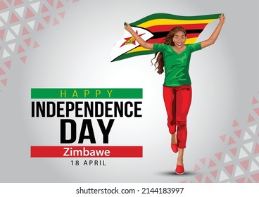 18th April Zimbabwe Independence Day. young girl running with holding Zimbabwean flag in her hands behind. vector illustration