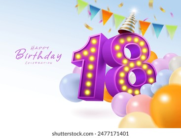 18th birthday balloon anniversary design celebrates with colorful balloons, bunting and ribbons. Templates for party decorations. Vector illustration file.