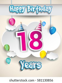 18th birthday Celebration Design, with clouds and balloons. Design greeting card and invitation for the celebration party of eighteen years anniversary