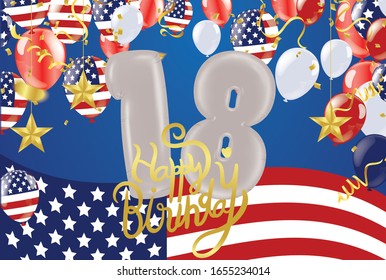 18th Birthday Celebration greeting card Design, with balloons. Vector celebration party