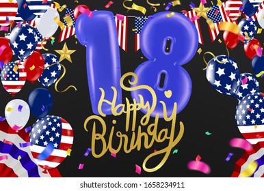 18th Birthday Celebration greeting card Design, with balloons. Vector celebration party