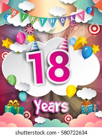 18th Birthday Celebration greeting card Design, with clouds and balloons. Vector elements for the celebration party of eighteen years anniversary