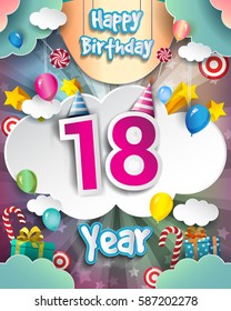 18th Birthday Celebration greeting card Design, with clouds and balloons. Vector elements for the celebration party of eighteen years anniversary