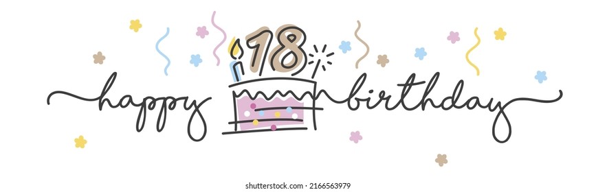 18th Birthday handwritten typography lettering Greeting card with colorful big cake, number, candle and confetti