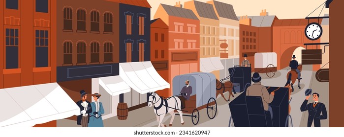 18th century city street. 19th town life with wealthy rich people, horse carriages on road, buildings. Historical old urban panorama of Victorian era, 1800, 1900. History flat vector illustration