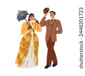 18th century couple. Noble man and woman, aristocrats of 19th. Gentleman in hat, costume and lady with umbrella and dress in Victorian style. Flat vector illustration isolated on white background