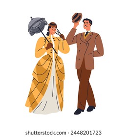 18th century couple. Noble man and woman, aristocrats of 19th. Gentleman in hat, costume and lady with umbrella and dress in Victorian style. Flat vector illustration isolated on white background