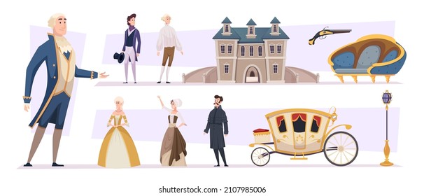 18th century. Old style architectural historical objects people fashioned clothes and buildings aristocratic costumes exact vector pictures set