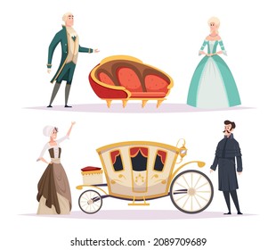 18th century people. Aristocrat characters old style buildings and clothes fashioned costumes victorian dress historical architectural objects exact vector cartoon illustrations svg