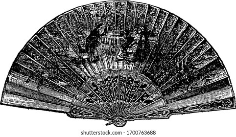 18th Century Spanish Shell Fan of a peacock's tail, vintage line drawing or engraving illustration.