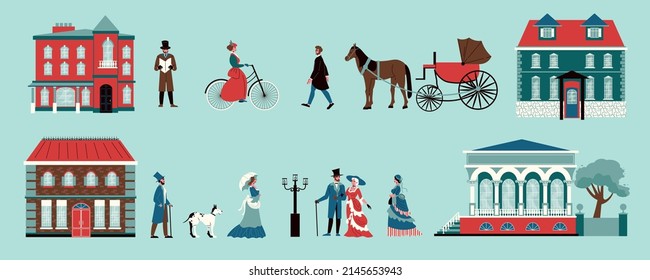18th century victorian color set with isolated images of historic buildings horse driven wagon and aristocrats vector illustration svg