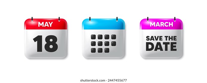 18th day of the month icon. Calendar save the date 3d icon. Event schedule date. Meeting appointment time. 18th day calendar message. Save the date month banner. Day or Monthly of schedule. Vector