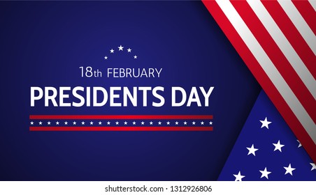 18th february Presidents day horizontal banner design with USA flag elements and white stars with red lines on blue background. - Vector