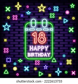 18th Happy Birthday 18 Year old Neon signboards. Bright signboard. Neon text. Bright colored vector. Vector Illustration