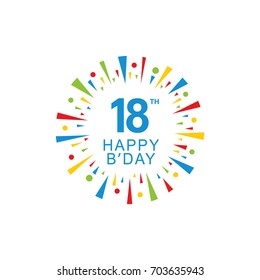 18th Happy Birthday logo, circle shape, colorful sunburst, red blue green yellow color