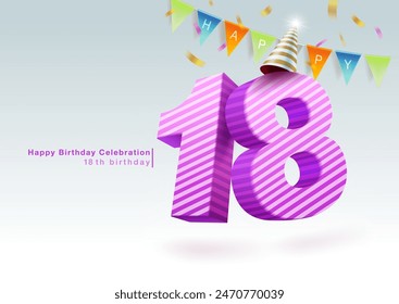 18th happy birthday with party hat, bunting and ribbon. Anniversary celebration concept with 18th birthday numbers. 3D style. Vector file illustration.