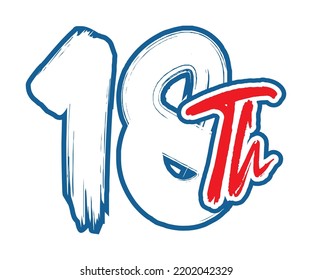 18th Ordinal Number counting vector art illustration with stunning font on red trim blue on white background