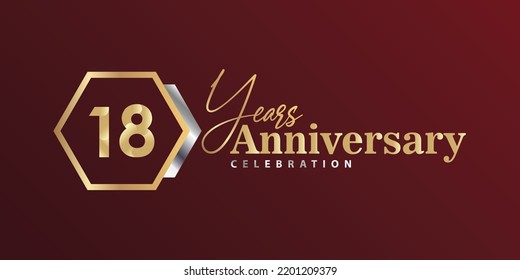 18th Year Anniversary Celebration Golden and Silver Color with Hexagon Shape for Celebration Event, Wedding, Greeting card, and Invitation Isolated on Black Background