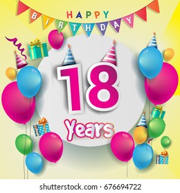 18th years Anniversary Celebration, birthday card or greeting card design with gift box and balloons, Colorful vector elements for the celebration party of eighteen years anniversary.