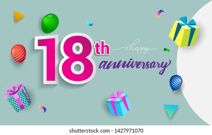 18th Years Anniversary Celebration Design, with gift box and balloons, ribbon, Colorful Vector template elements for your birthday celebrating party.