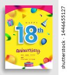 18th Years Anniversary invitation Design, with gift box and balloons, ribbon, Colorful Vector template elements for birthday celebration party.