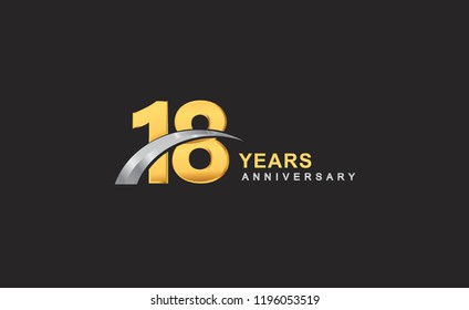 18th years anniversary logo with golden ring and silver swoosh isolated on black background, for birthday and anniversary celebration.