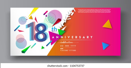 18th years anniversary logo, vector design birthday celebration with colorful geometric background and circles shape.
