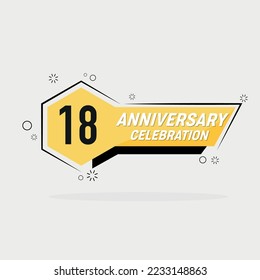 18th years anniversary logo, vector design with yellow geometric shape with gray background .