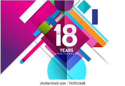 18th years anniversary logo, vector design birthday celebration with colorful geometric isolated on white background.