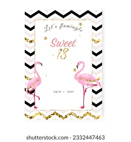 18th years birthday invitation card with glitter elements and two flamingos. Template. Vector illustration