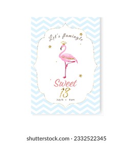 18th years birthday invitation card with glitter elements and a pink flamingo in the middle. Template. Vector illustration