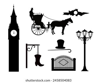 18th-19th century London fashion set. Black silhouettes of architecture, transport and objects. Vector illustration