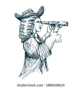 18th-century captain in hat and doublet looks through a telescope. Hand drawing black outline vector image.