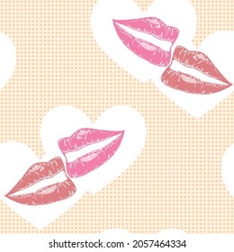 18+.Ilustración vectorial de las hermosas mujeres labios en el fondo de un punto de polka. Símbolo del orgullo LGBTQ. Patrón transparente