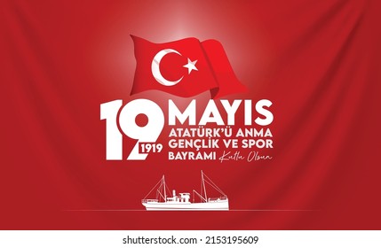 19 de mayo de 1919 . Recuerda Atatürk. Día de la Juventud y el Deporte. feliz cumpleaños. Bandera turca. silueta de barco.