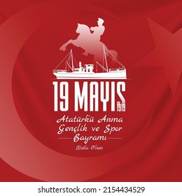 19 de mayo. Conmemoración de Atatürk. Día de la Juventud y el Deporte. feliz cumpleaños. luna y vector estrella. criando a un hombre en su caballo. un barco largo.