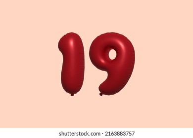 19 globo 3d número hecho de renderización 3d de globo metálico realista. Globos 3D de helio rojo para la venta decoración Fiesta Cumpleaños, Celebración de Aniversario, Fiesta de la Boda. Ilustración del vector