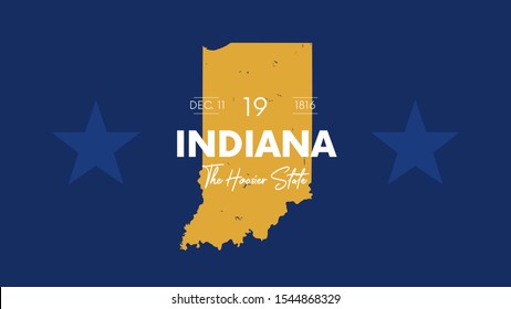 19 of 50 states of the United States with a name, nickname, and date admitted to the Union, Detailed Vector Indiana Map for printing posters, postcards and t-shirts