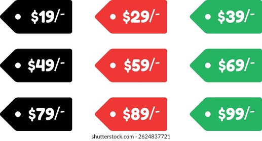 $19 to $99 Colorful Price Tag Grid Showing Various Dollar Amounts, EPS 10.