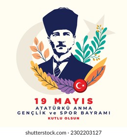 19 Mayıs Atatürk’u Anma, Gençlik ve Spor Bayramı ilustración vectorial art. (19 de mayo, Conmemoración de Ataturk, Día de la Juventud y el Deporte en Turquía) Diseño floral de medios sociales