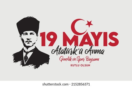 Man-Silhouette auf grauem Hintergrund und "Glücklicher 19. Mai Gedenken an Atatürk, Jugend- und Sporttag" Text