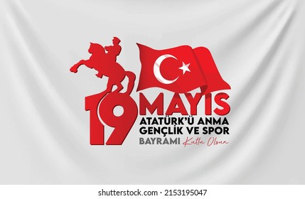 19 Mayıs Atatürkü Anma Gençlik ve spor bayramı kutlu olsun.
 May 19 . Remember Atatürk. Youth and Sports Day. happy birthday. Turkish flag. silhouette of a rearing man with his horse.