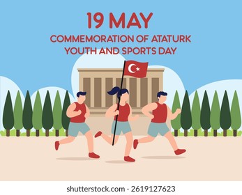 19 Mayıs Atatürk'ü Anma, Gençlik ve Spor Bayramı Kutlaması -  19 May Commemoration of Atatürk, Youth and Sports Day Celebration - Flat Illustration